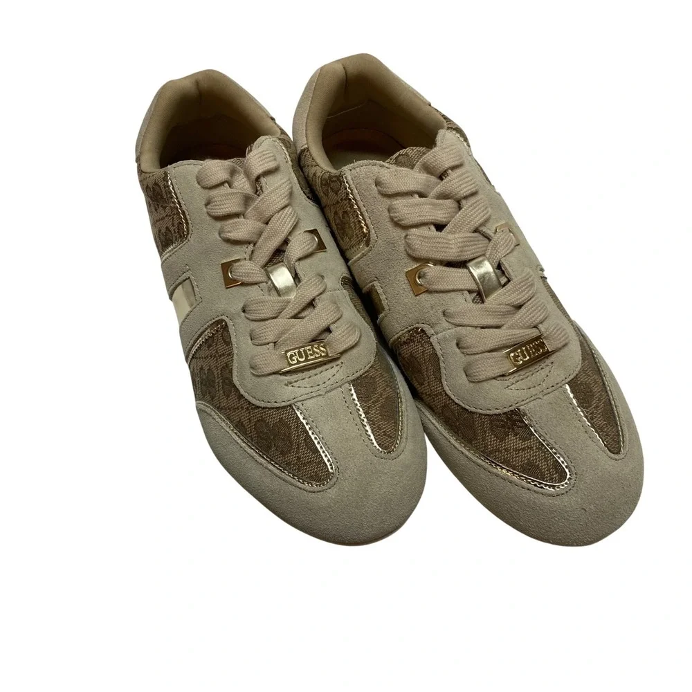 GUESS Womens‎ Monogram Suede Sneakers Tan Gold Lace Up Low Top Shoes 10 NIB